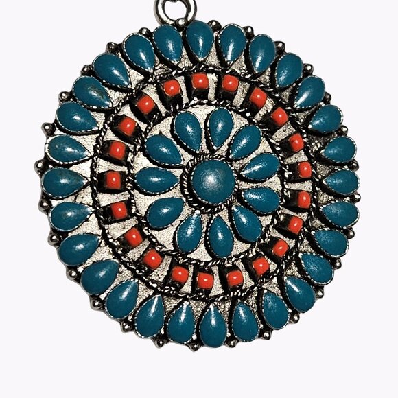 Vintage Native American Turquoise Sunbeam Concho Pendant Necklace Jewelry Women - Picture 3 of 8